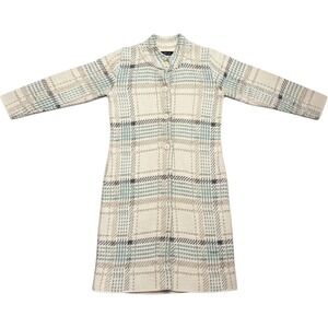 Oner Women Plaid Knit Longline Cardigan Coat Mock Neck Button Front Cream Teal M